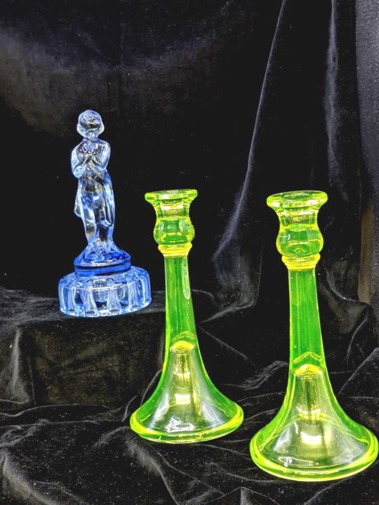 Cambridge Blue Draped Nude Flower Frog & Others: Cambridge Glass "Moonlight" light blue draped nude flower frog 8.75"H, also includes a pair of Vaseline glass candlesticks 9.25"H