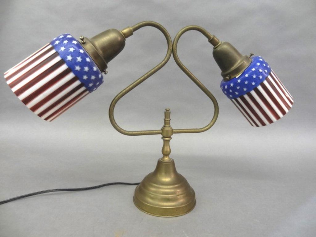 Desk Lamp With Red, White & Blue Shades: Vintage double socket brass desk lamp with red, white and blue flag glass shades, 21"W, 14"H
