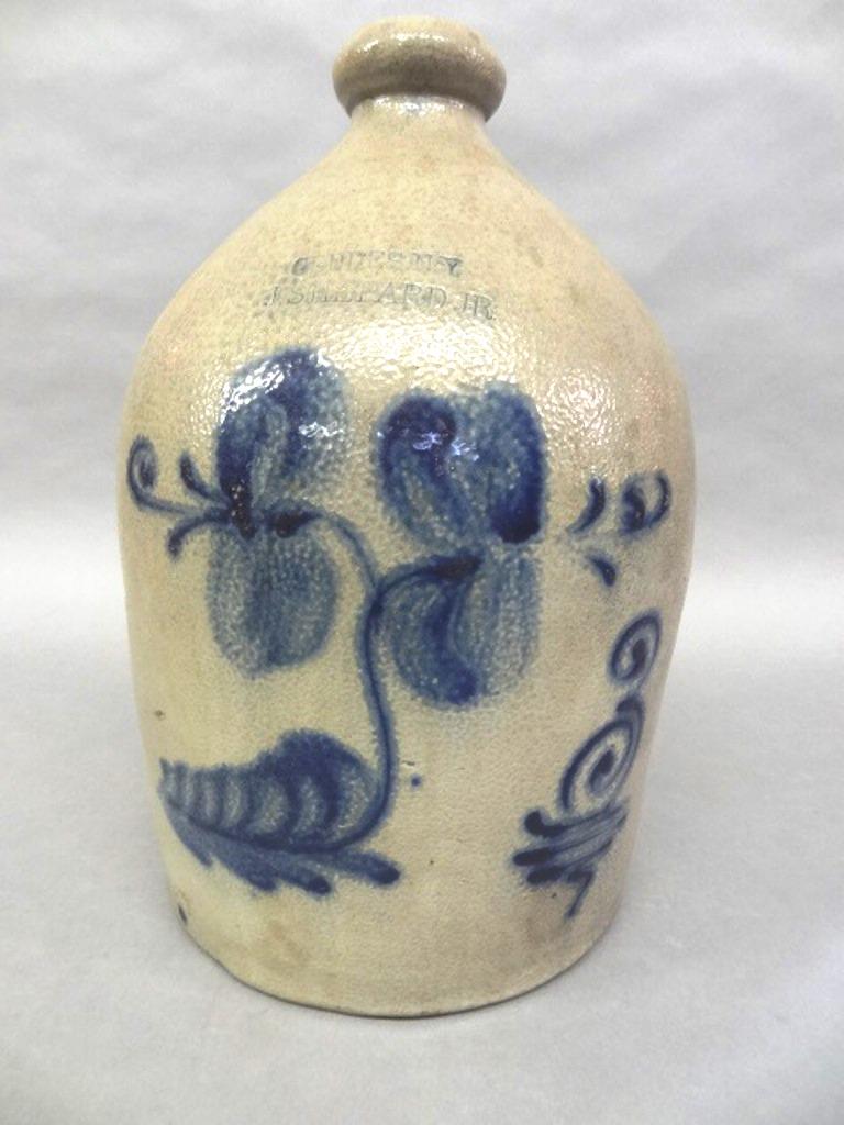 Shepard Jr. Decorated 3 Gallon Stoneware Jug: Antique three gallon stoneware jug with cobalt blue slip decoration, impressed "J. Shepard Jr. Geddes N.Y.", 15"H
