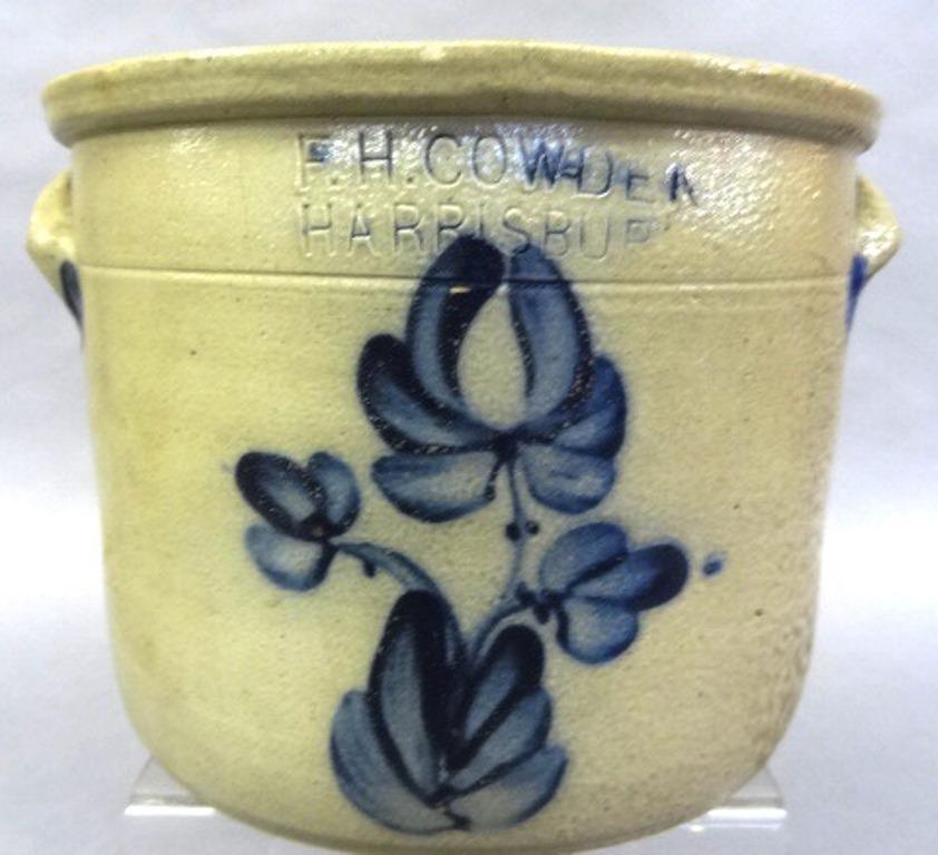 Cowden Decorated Stoneware Crock: Antique stoneware crock with cobalt slip floral decoration, impressed "F.H. Cowden Harrisburg", 9.25"W between handles, 6.25"H