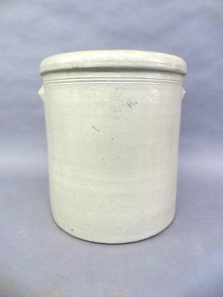 Antique Five Gallon Stoneware Crock: Antique five gallon stoneware crock, faint stamped blue "5" between leaves, 13"H, 13"W between handles