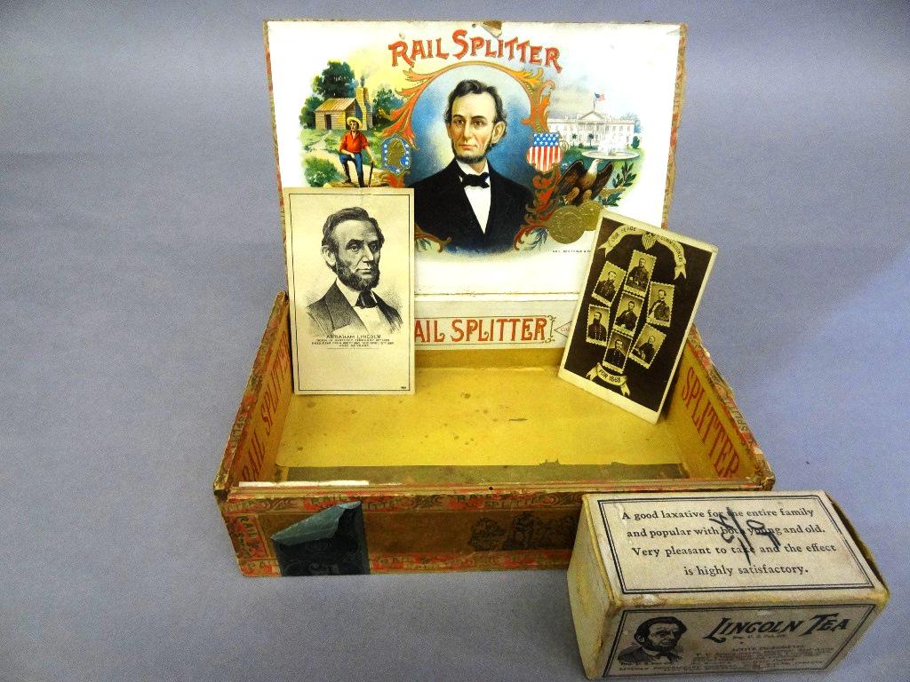Antique Abraham Lincoln Advertising: Original 1865 calling card showing Lincoln surrounded by his peace commissioners, Grant, Sheridan, Sherman, Porter, Farragut and Thomas 2.5" by 4", Lincoln trade circa 1890's 2.5" by 4.5", full box of