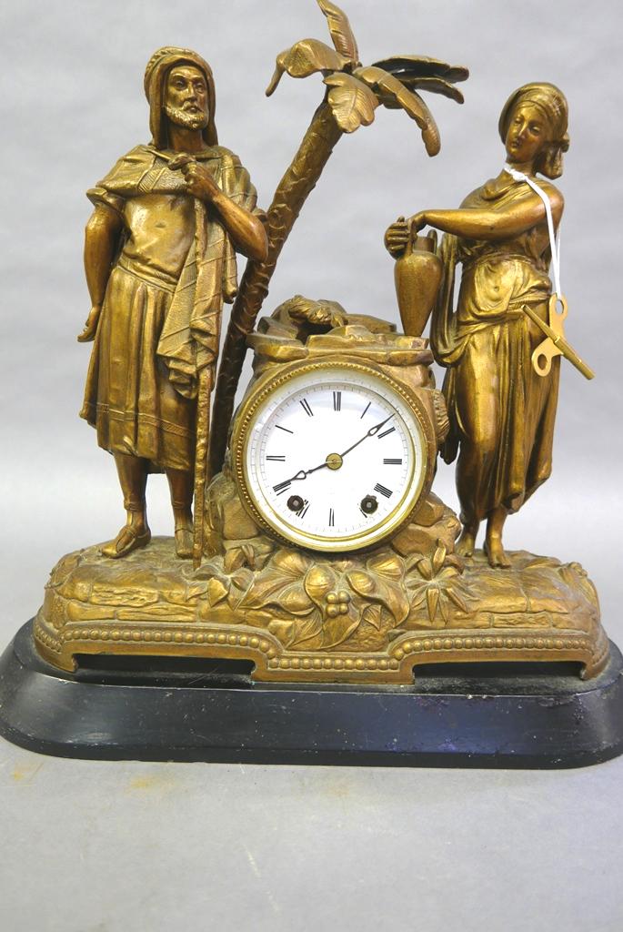 Seth Thomas Rebecca At The Well Clock: Antique Seth Thomas Sons Co. figural clock "Rebecca At The Well", eight day time and strike, painted cast metal on a wood base, includes pendulum and key, 16.5"W, 17.5"H, 6.5"D