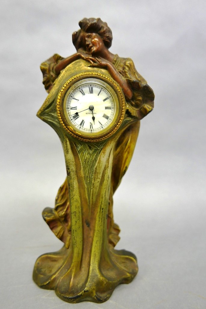 Seth Thomas Figural Art Nouveau Clock: Antique Seth Thomas clock, painted cast metal with porcelain dial, 11"H