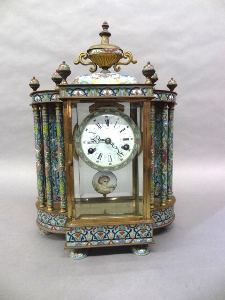 Vintage Cloisonne Mantel Clock: Vintage brass mantel clock with eight day time and strike movement, beveled glass door over porcelain dial and painted porcelain pendulum, ornate classical case with extensive cloisonne decoration, ei