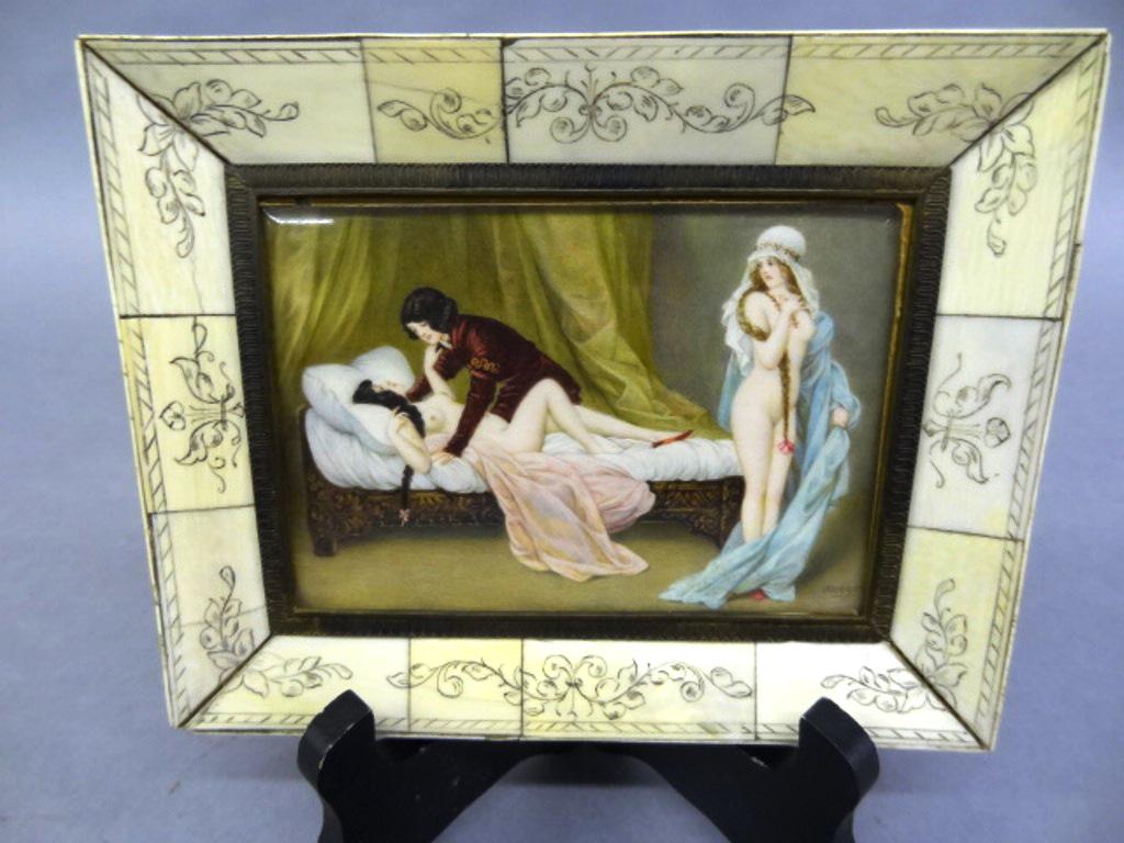 Antique French Erotic Painting On Bone: Antique French painting on bone signed lower right Weigel, mounted in scrimshawed bone frame 5.25" by 6.5"