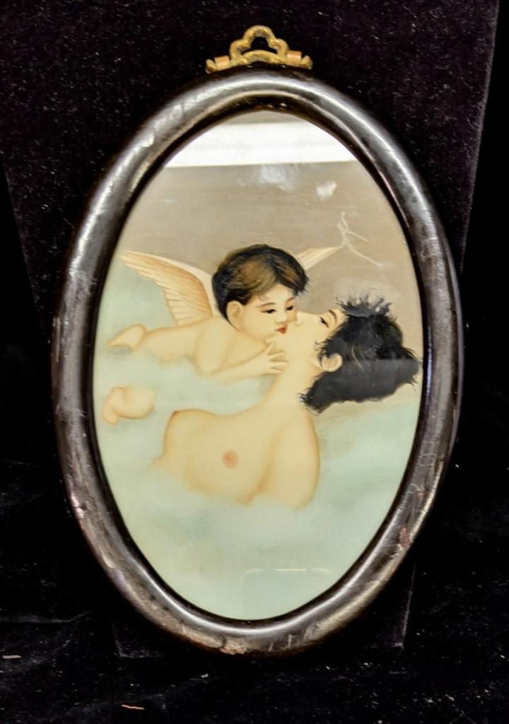 Asian Erotic Painting On Glass: Vintage Asian painting on glass mounted in oval frame 6" by 9"