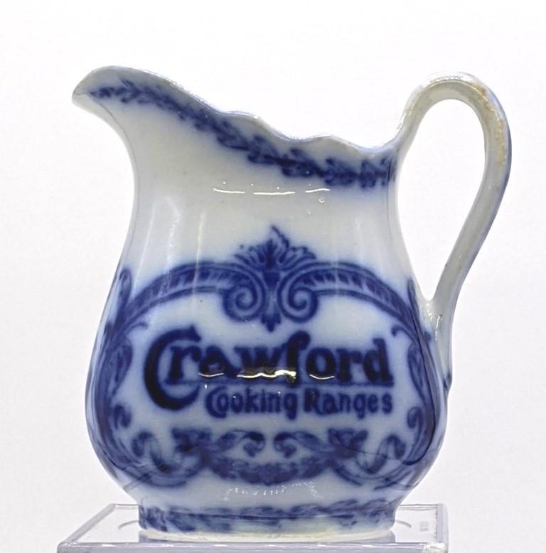 Crawford Ranges Advertising Flow Blue Creamer: Antique flow blue semi-porcelain creamer advertising Crawford Cooking Ranges, 5"H