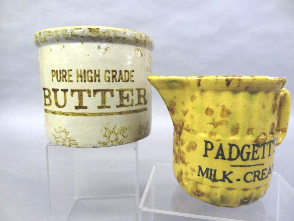 Advertising Sponge ware Jug & Crock: Antique Bennington style sponge decorated jug advertising Padgett's Milk - Cream 4.5"H, stoneware crack adverting Pure High Grade Butter 5.5"D, 4.5"H