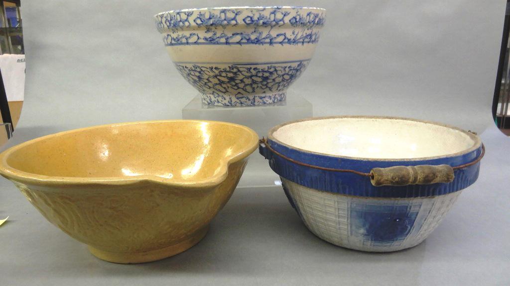 Two Blue & White Stoneware Mixing Bowls & Other: Stoneware mixing bowl with blue sponge decoration 12.5"D, 6"H, stoneware mixing bowl with blue flowers on a trellis pattern, 11.5"W, 5"H, stoneware bowl with molded floral pattern and mustard glaze 12