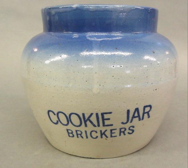 Brickers Advertising Stoneware Cookie Jar: Antique stoneware cookie jar with lid, blue and white glaze advertising Brickers Cookies [Lancaster Pa.], 8.75"D, 7"H