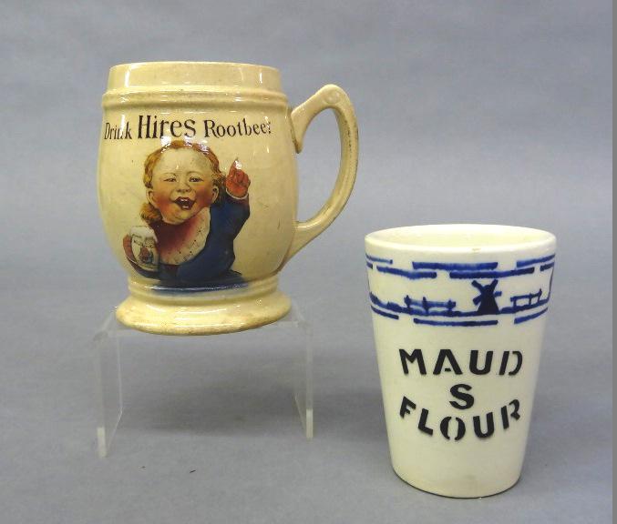 Advertising Stoneware Mug & Cup: Antique Mettlach stoneware mug made by Villeroy & Boch advertising Hires Root beer 4.5"H, stoneware cup marked Czechoslovakia with blue Delft style decoration, black glaze advertising Maud S Flour 4"H