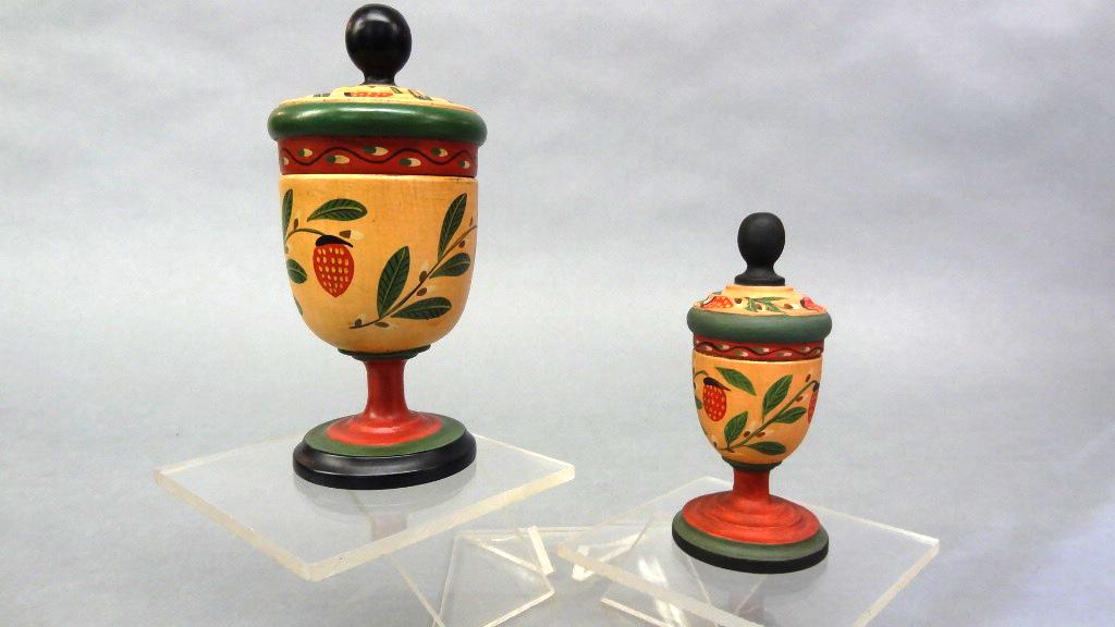 Two Pa. German Painted Spice Containers: Two artisan painted wood spice containers with vine and berry decoration, both are signed J.R.D. for John R. Dierwechter of Schaefferstown Pa. 1910 - 1996, 4.5" and 5.5"H