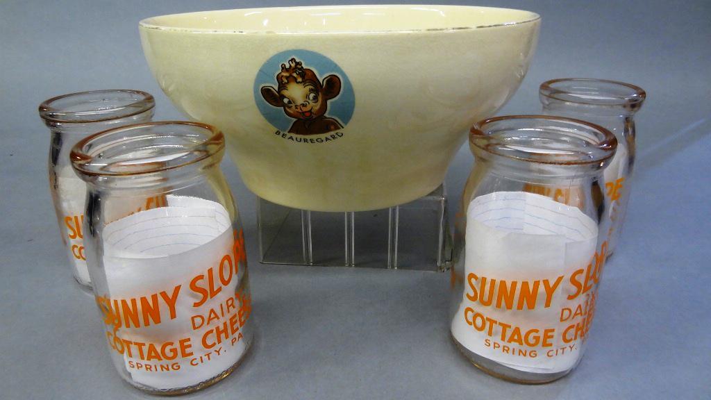 Borden Milk Cow Bowl & Sunny Slope Dairy Bottles: Vintage Universal Cambridge ironstone Borden Milk large bowl, transfer pictures of four cows, Elsie, Beauregard, Elmer and Beulah 10 1/8"D, 4.5"H, four glass bottles advertising Sunny Slope dairy Cott
