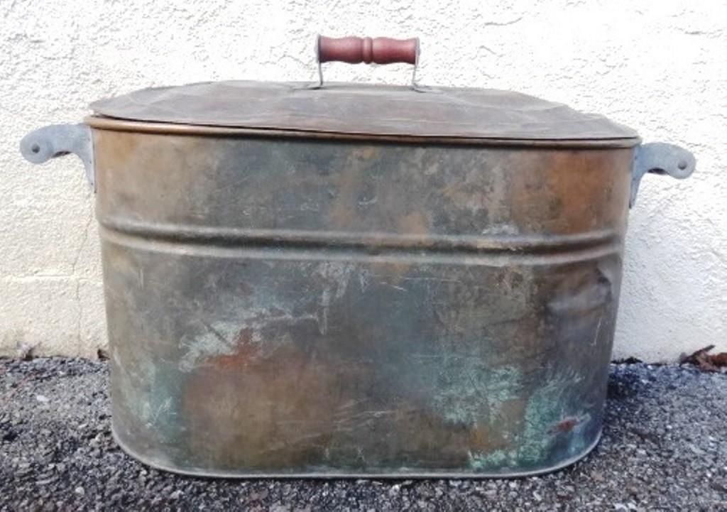 Antique Copper Boiler: Antique copper boiler with lid and wood handles, 28"w between handles