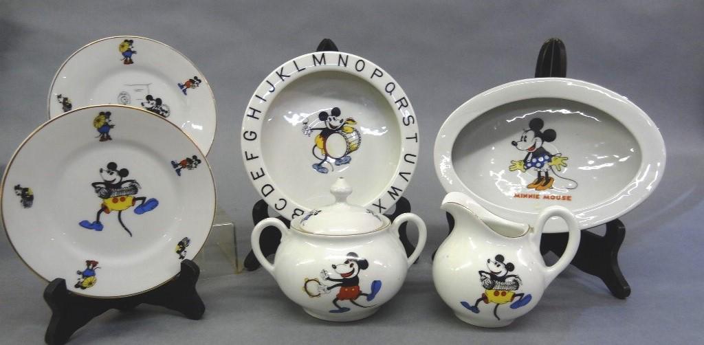 Vintage Walt Disney Mickey Mouse Child: Child's china made for Walt E. Disney by Schumann in Bavaria circa 1930, round Mickey Mouse alphabet bowl 7.5"D, Minnie Mouse oval bowl 8.5"W, sugar bowl and creamer, two plates 6"D