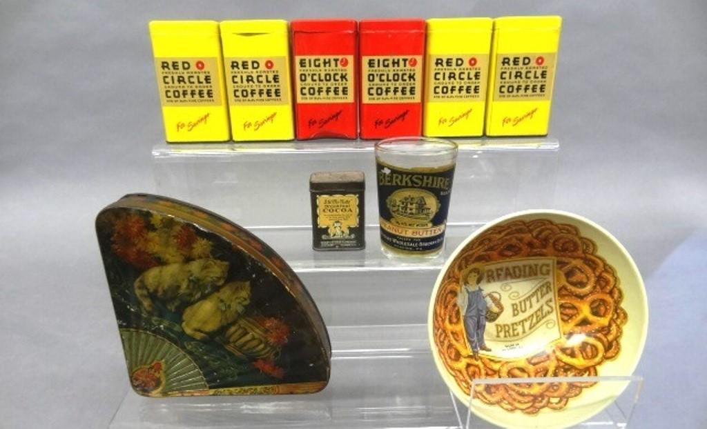 Vintage Tin & Glass Advertising Collectibles: Vintage Vicente Rossello advertising fan shaped tin with hinged lid decorated with cats 7.5"W, vintage peanut butter glass with label for Berkshire Peanut Butter from Reading Pa. 3.25"H, small tin bow