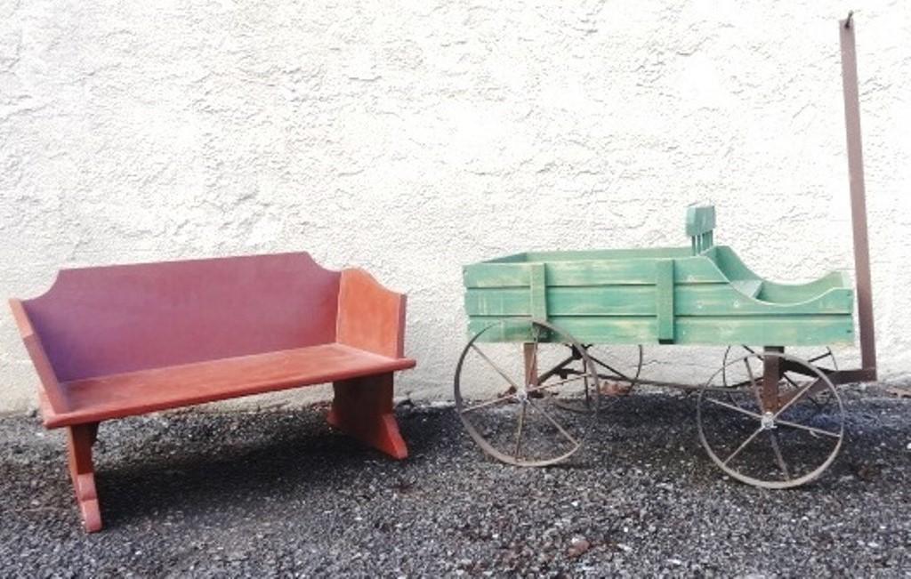 Painted Wood Toy Wagon & Bench: Newer wood wagon, wood body with steel wheels and handle, 22.5"L excluding handle, child's wagon style wood bench painted red with black stenciling and pin striping on sides 22"W