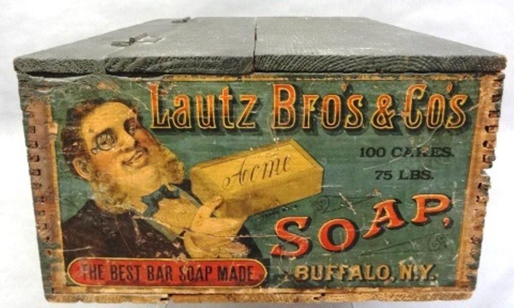 Lautz Bros. Acme Soap Crate: Antique Wood crate circa late 1800's with colorful label advertising Lautz Bros. & Co's Acme soap, 21.5"L, 15"W, 9"H