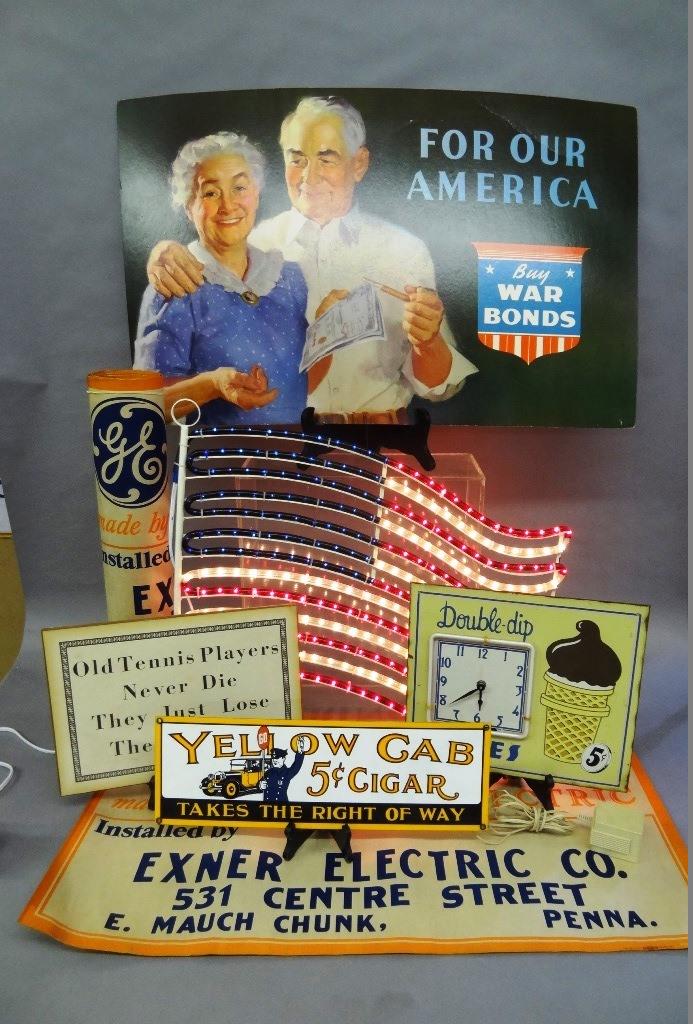 6 Vintage General Electric Advertising Signs & Others: Group of six identical GE Wiring advertising signs, weatherproof indoor - outdoor thick paper, 18" by 33.5", new Double Dip Cone Tin sign with electric neon light and quartz clock 11.5" by 13" missing
