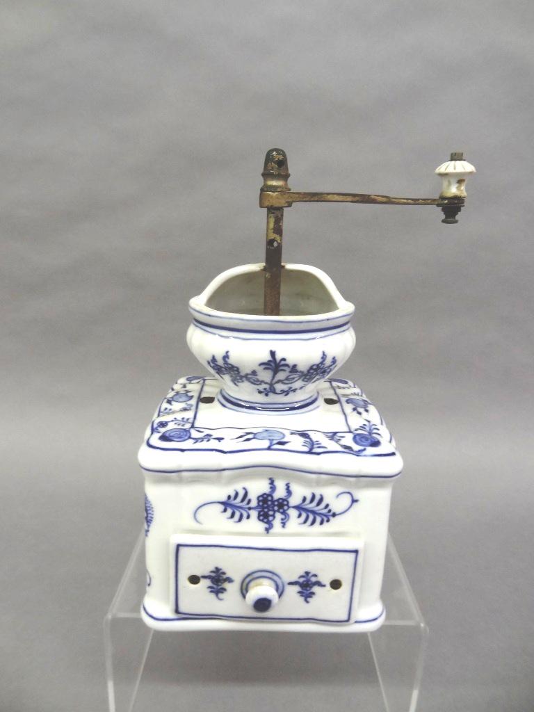 Antique Blue Onion Coffee Grinder: Antique Blue Onion Pattern china coffee grinder, marked J.S. with an Eagle mark, 5.25" square by 10"H