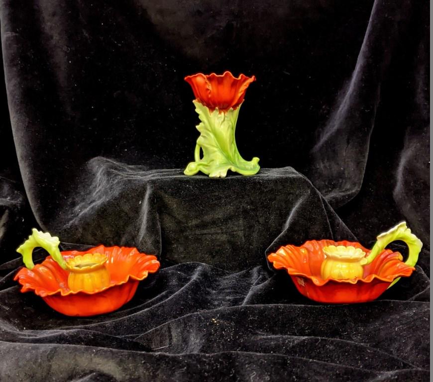 Royal Bayreuth Poppy Figural Hatpin Holder &: Antique Royal Bayreuth porcelain in the Poppy pattern, hatpin holder 4.25"H, pair of matching chamber sticks 5.25"L