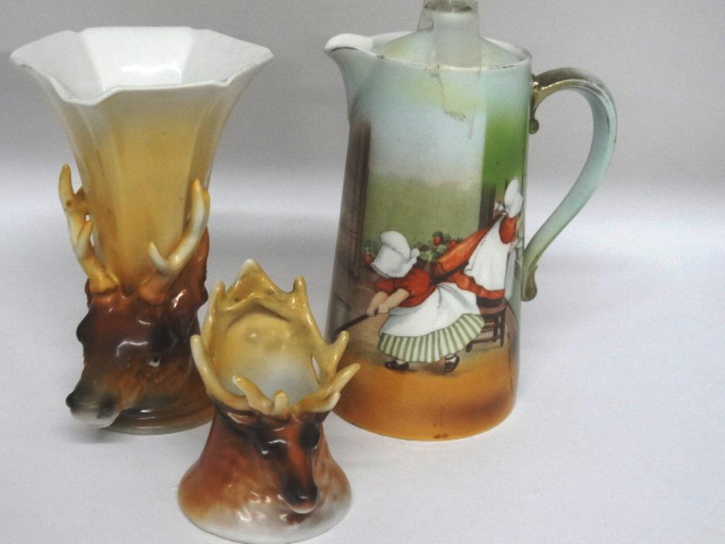 Royal Bayreuth Sunbonnet Pitcher, Elk Vase & Toothpick: Royal Bayreuth antique porcelain Sunbonnet pattern pitcher with lid 6.25"H, Royal Bayreuth Elk pattern vase 5.25"H and toothpick holder 3"H