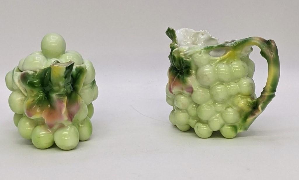 Royal Bayreuth Grape Teapot & Pitcher: Royal Bayreuth antique porcelain in the Grape pattern, teapot 7.5"L, pitcher 6"L