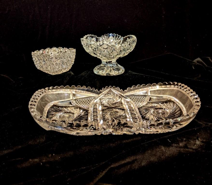Cut Glass Tray & Bowls: Antique cut glass vegetable dish 8" by 14.5", round bowl on raised foot 7"D, 4.5"H, small bowl 4.5" square, 2.75"H