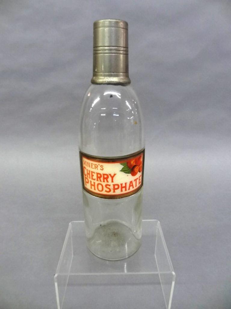 Miner's Soda Fountain Bottle: Antique soda fountain syrup advertising bottle, recessed panel for label, Miner's Cherry Phosphate, 11.5"H including pewter measuring cup