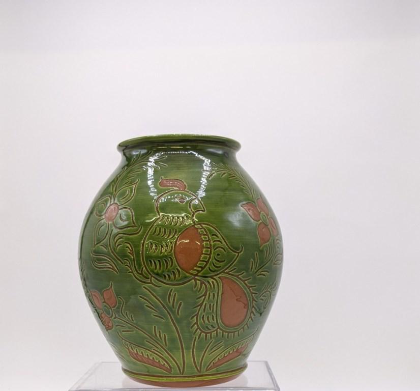Breininger Bird & Tulip Vase: Lester Breininger redware vase decorated with a sgraffito parrot and tulips 8"H