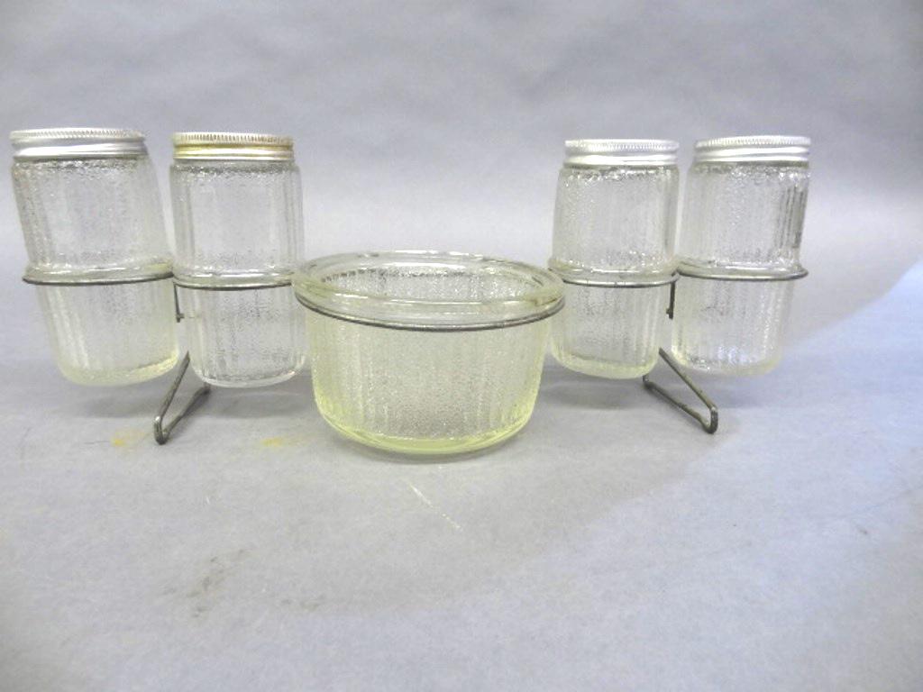 Vintage Hoosier Spice Jars & Rack: Vintage wire rack holding a set of four matching spice jars and a mixing bowl, 14"W