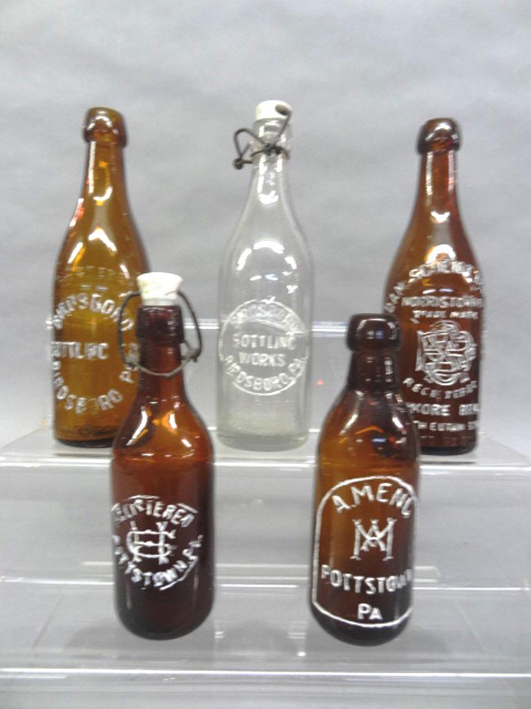 Antique Pottstown, Birdsboro & Norristown Bottles: Nice grouping of early local beer bottles with applied lips, Ameng Pottstown 7.5"H, HG Pottstown, [2] Birdsboro Bottling Co. 9.25"H, The Adam Scheidt Brewing Co. Norristown with chipped lip