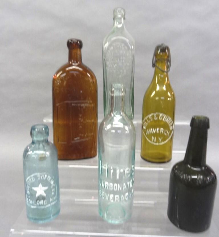 Antique Beer, Soda & Whisky Bottles: Warner's Safe Kidney & Liver Cure Rochester N.Y. 10"H, The Old Bushmills Distillery Co. Limited Trade bottle 10"H, Mills & O'Brian Waverly N.Y. 9"H, Johann Hoff 7.5"H, Concord Bottling Co. Concord N.H
