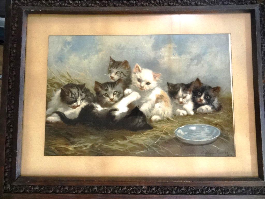 Marie Guise Newcomb 1895 Kittens Print: Colorful antique print of seven kittens playing signed and dated 1892 lower right, [Marie H. Guise Newcomb, New York & New Jersey 1865 - 1895], sight size 14.5" by 22", housed in a period frame with w