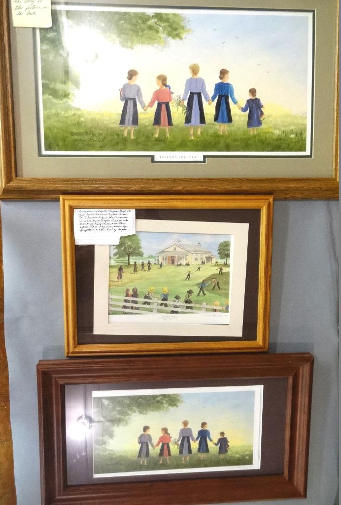 Three Elise Beiler West Nickel Mines School Memorial: Elise Beiler print signed and dated 07 lower left, signed and dated 2009 on reverse, titled "Friends Forever" memorializing the West Nickel Mines School Shooting, image size 10.75" by 21 5/8", housed 