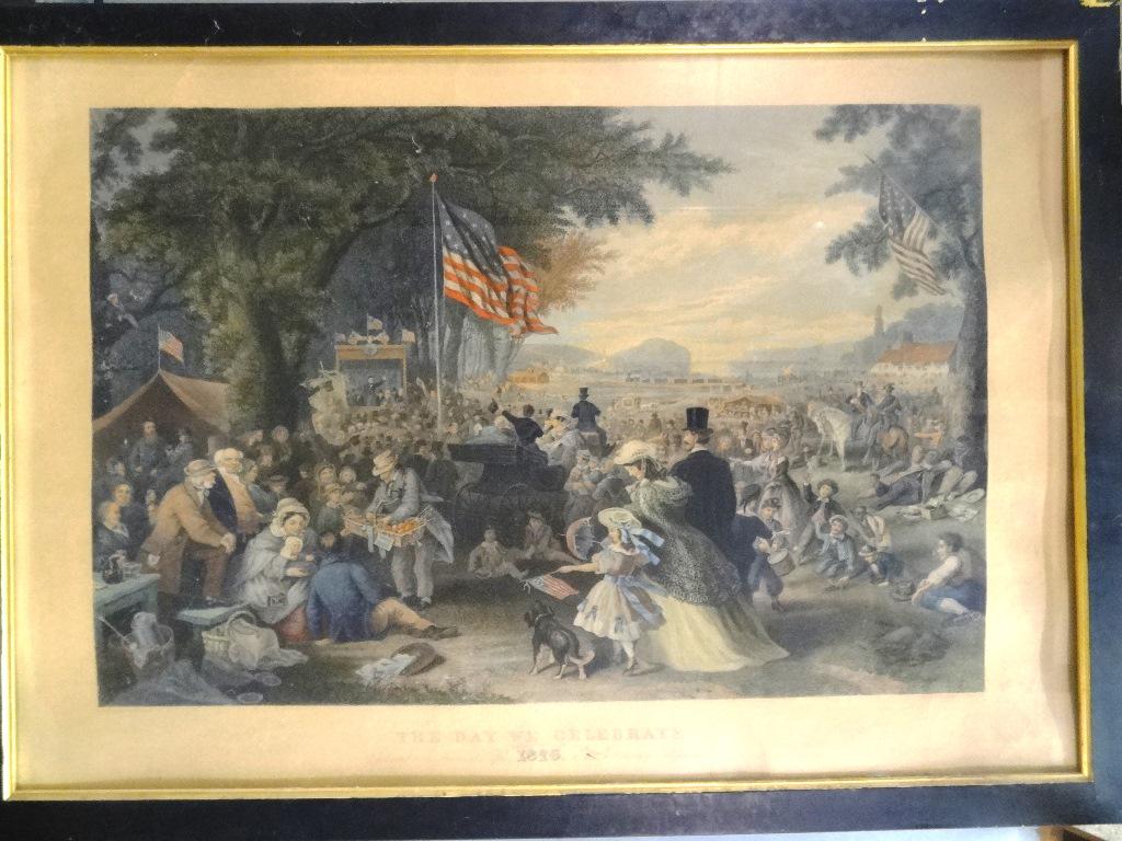 The Day We Celebrate Colorful Centennial Print: The Day We Celebrate 1876 hand colored print after the original by Frederick A. Chapman [American 1818-1891], engraved by John C. McRae N.Y., image size 18.5" by 27.5", housed in a period black frame 