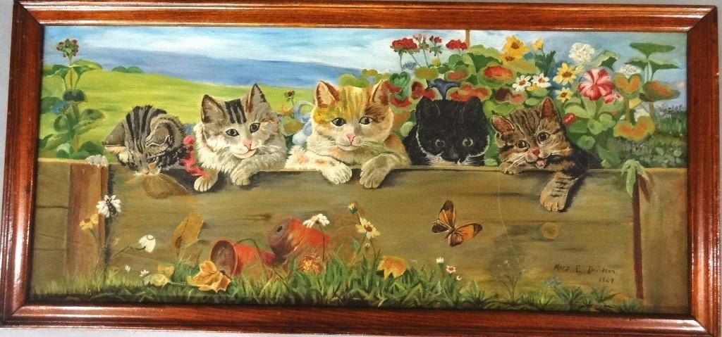 Vintage Mary E. Davidson Oil Painting Of Cats: Vintage oil painting on canvas signed and dated 1929 lower right, five playful kittens looking over a border in the garden, wood stretcher 14" by 32", housed in original varnished wood frame 16" by 34