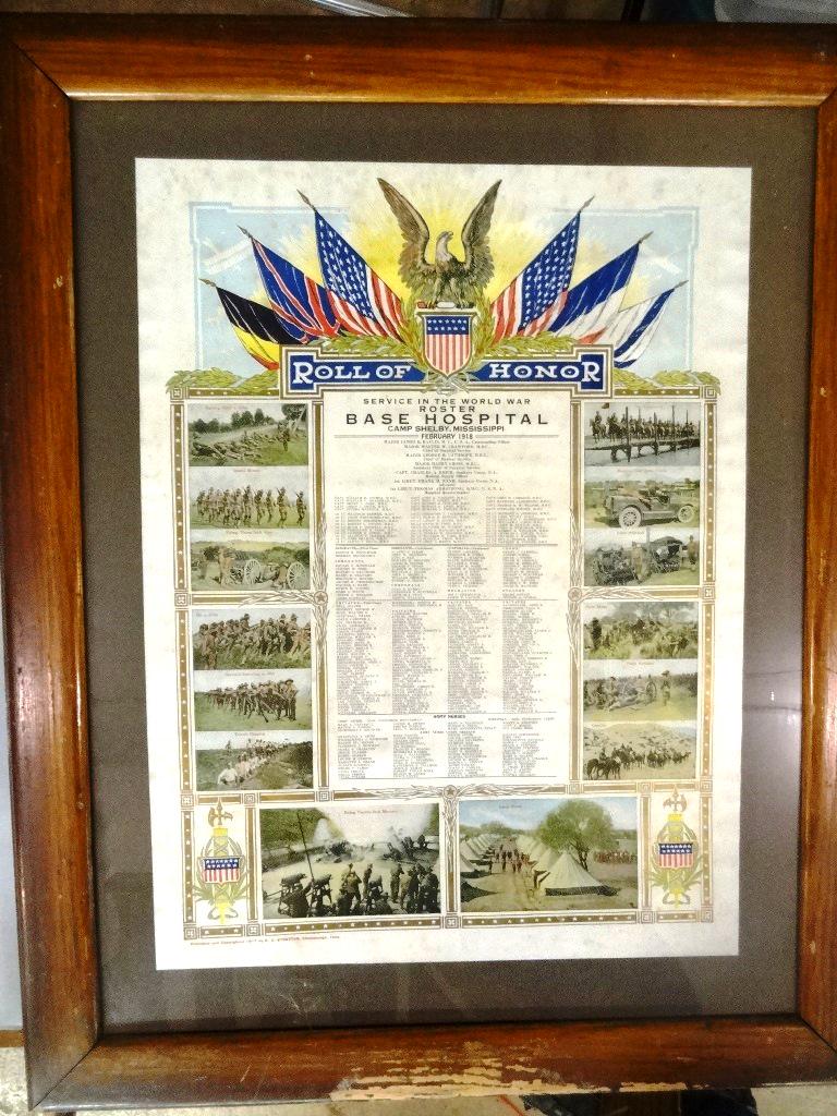 WW1 Honor Roll, Camp Shelby Miss.: Antique colorful Roll Of Honor Roster for the Base Hospital Camp Shelby, Miss., published by H.H. Stratton, image 18" by 24", housed in original wood frame with wood backing 26.5" by 32.5"