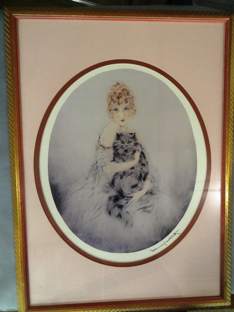 Louis Icart Persian Cat Print: Contemporary copy of Louis Icart's 1923 print "Persian Cat", nicely displayed with a double mat in a gold colored wood frame 22" by 30", image size 14.5" by 18"