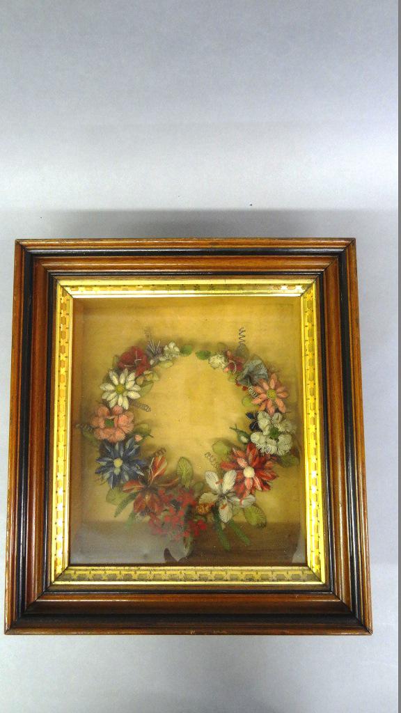 Victorian Wreath In Shadowbox: Antique Victorian colorful wreath made from fine wire and thread, about 11" Diameter, housed in a period walnut shadowbox with gold gilt trim, 15.25" by 17" by 5.25"H