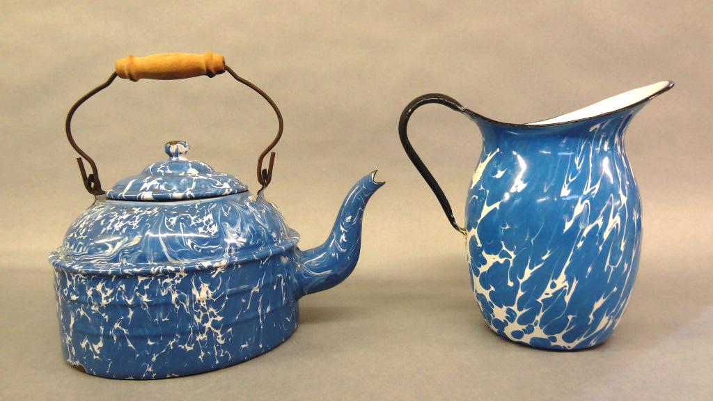 Light Blue & White Agate Pitcher & Kettle: Large light blue agate hot water kettle or coffee pot with wood and wire bale handle 12.5"H, light blue and white agate pitcher with black handle and rim 9"H