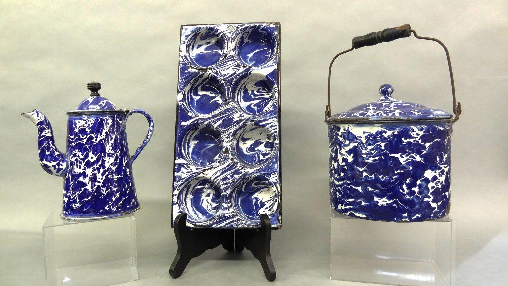 Blue Agate Pail, Pan & Coffee Pot: Antique dark blue and white agate covered pot with wood and wire handle 7.5"D, baking pan 7.25" by 14.25", coffee pot with hinged lid and wood knob 8"H