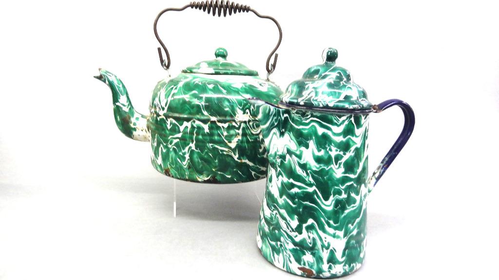 Green & White Agate Large Kettle: Antique green and white decorated kettle with lid and wire bale handle 12.5"L, green and white agate coffee pot with hinged lid and blue handle 11"H