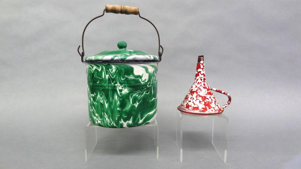 Green Agate Pail & Red Agate Funnel: Antique green and white agate covered pail with wire and wood bale handle, 6.75"D, 7"H, antique red and white funnel 5"H