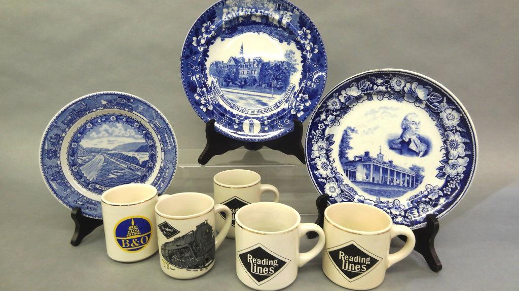 U.S. Railroad & Historical China: Original B&O Railroad centennial plate 1827 -1927 made by Shenango China 8"D, group of five B&O and Reading Railroad coffee mugs, Mount Vernon plate by Petrus Regout & Co. 9.5"D, 1909 Orphan Asylum Of