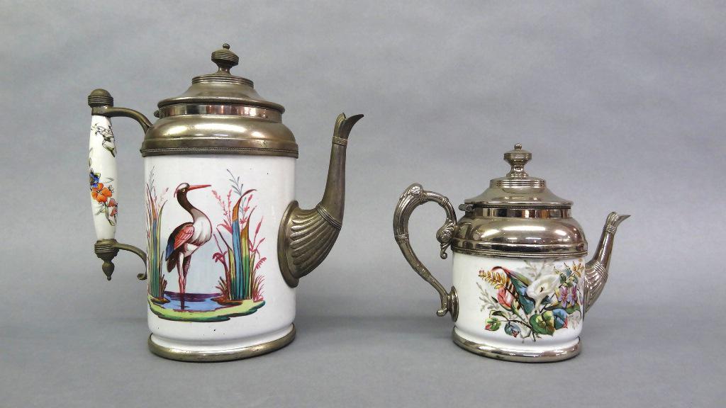 Antique Heron Enamelware Coffee Pot & Other: Antique silver-plate and enamelware coffee pot with a hand painted heron among the reeds on both sides 10"H, similar style small coffee pot with floral decoration 7"H