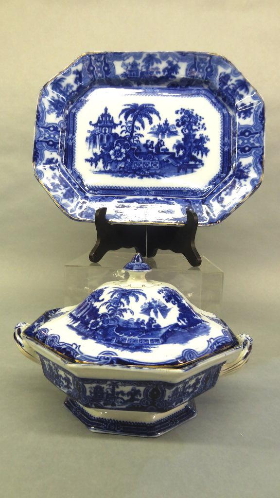 Adams Kyber Flow Blue Tureen & Tray: Antique W. Adams Kyber pattern covered tureen 12"W between handles 7.5"H, large tray 13" by 17"