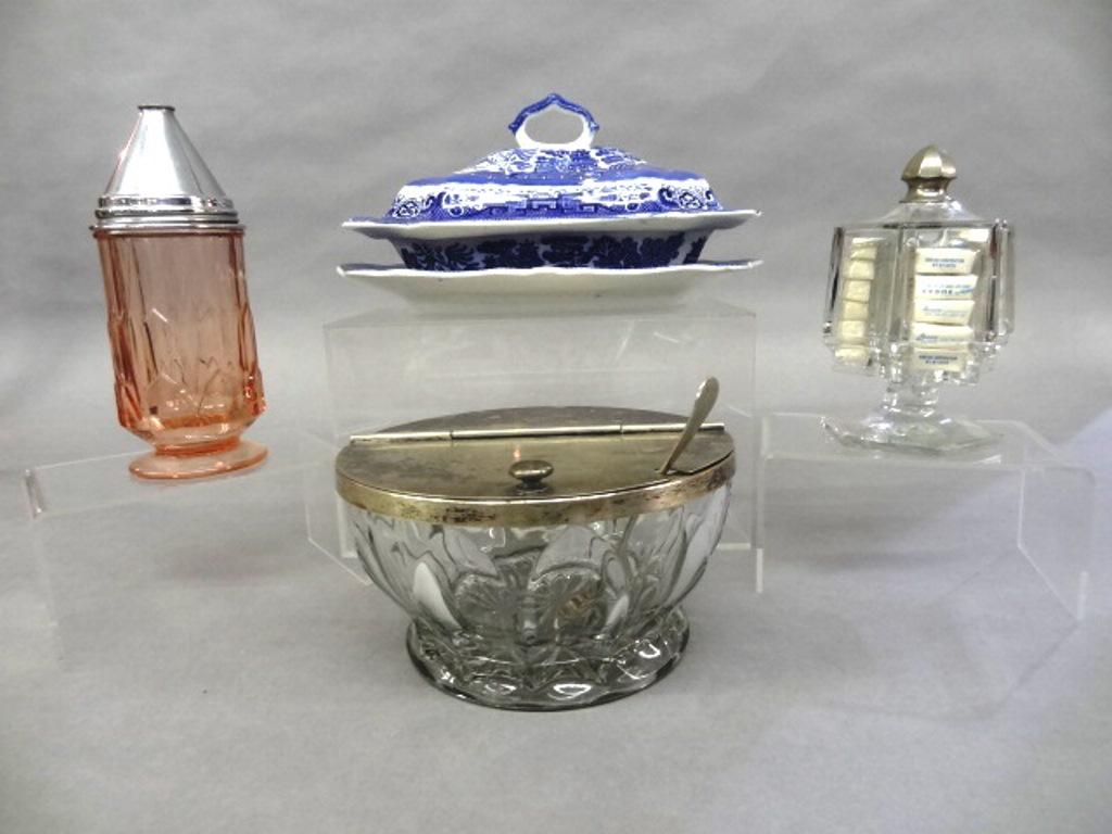 Commercial Sugar Bowls and a Tureen: Vintage 1920's patterned pink glass sugar caster with a chrome lid 7.25"H, sugar packet dispenser 6"H marked patent 1915, round clear patterned glass sugar bowl with silver-plate lid and spoon 7.5"D,