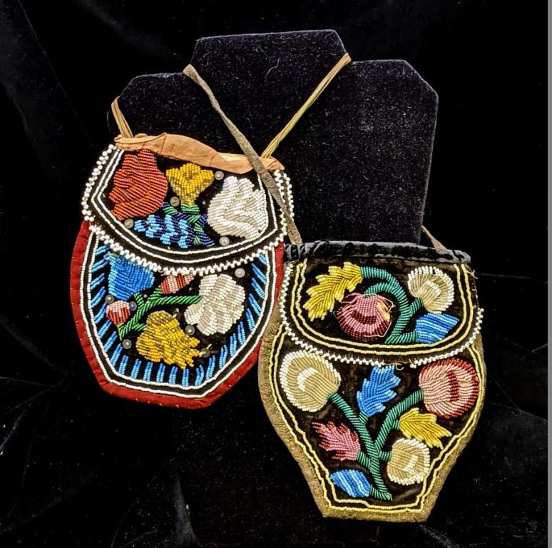 Two Antique Native-American Beaded Purses: Antique Native-American floral pattern beaded bag 5.25" by 6.25" with minor scattered bead loss, floral pattern beaded urn form bag 5.75" by 6.5" with metallic thread edging and scattered bead loss, b